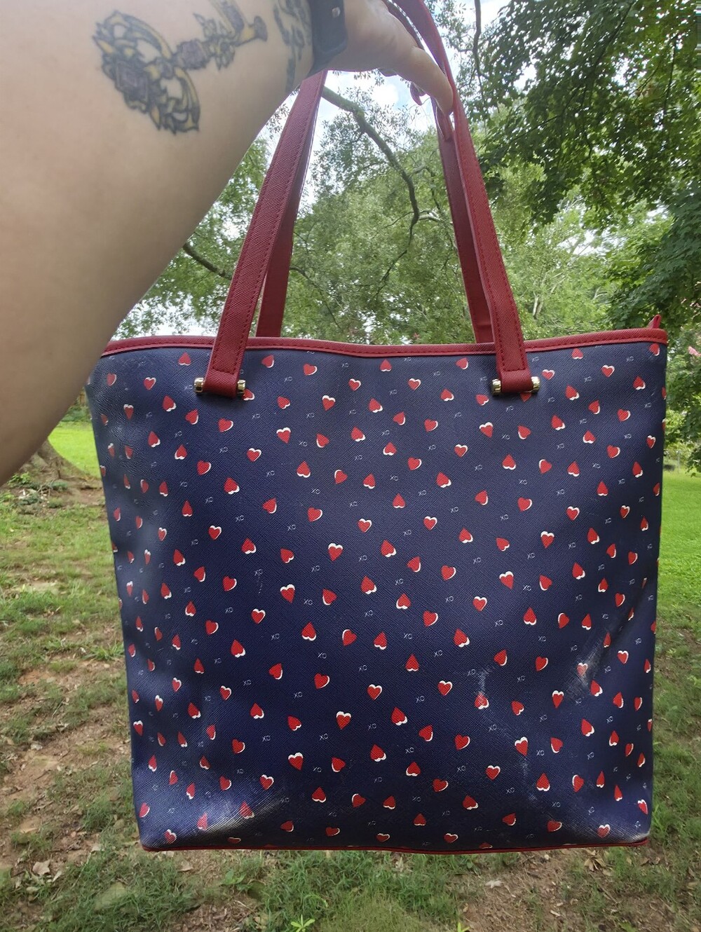 Talbots Red Heart XO Print Tote Bag Navy Blue Valentine's Day Shoulder Bag